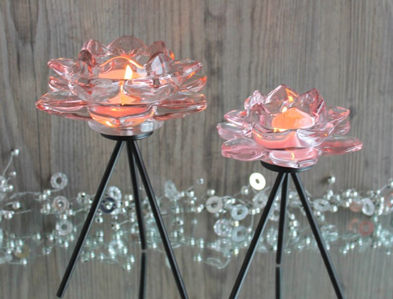 Telysholder Blomst, på fot, liten i rosa glass.