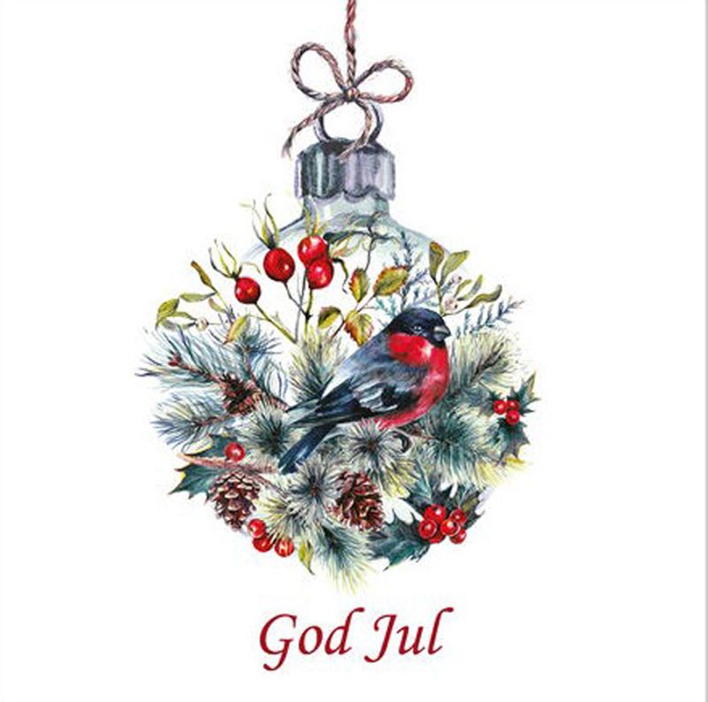 Lunsj serviett, Dompap i pyntet julekule, fra BC Home.