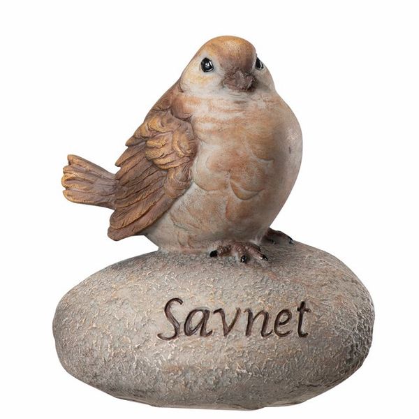 Gravpynt. Brun fugl på stein med teksten "Savnet"