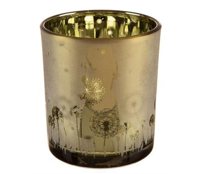 Telysglass, jente med blomster, frostet grønt glass.