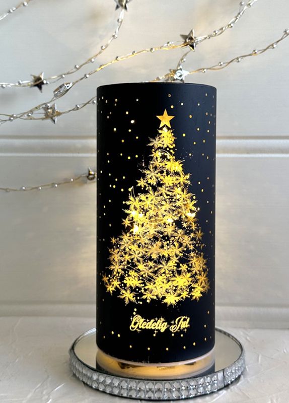 Lyslykt, sort med Juletre motiv og Led-lys.